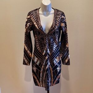 Express Evening Black and Gold Sequined Dress (New)